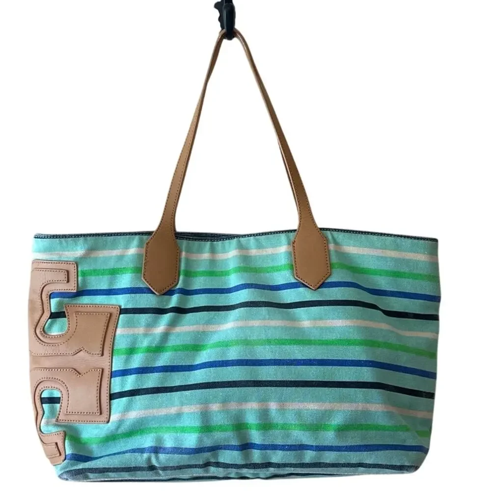 Tory Burch Stacked T Striped‎ Canvas Tote Bag